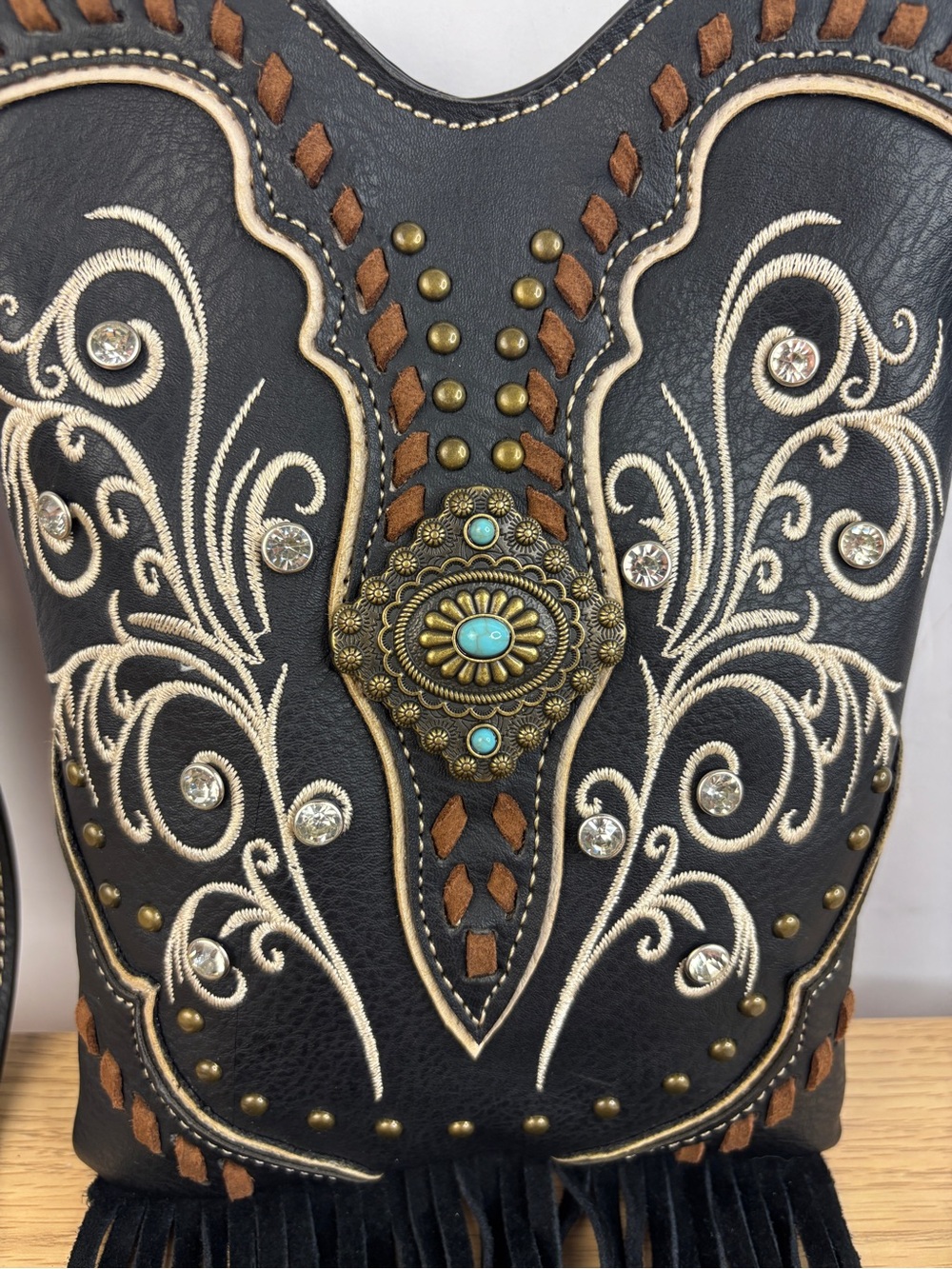 Fringed Embroidered Black Vegan Leather Crossbody Bag with Turquoise Concho - Picture 2 of 12
